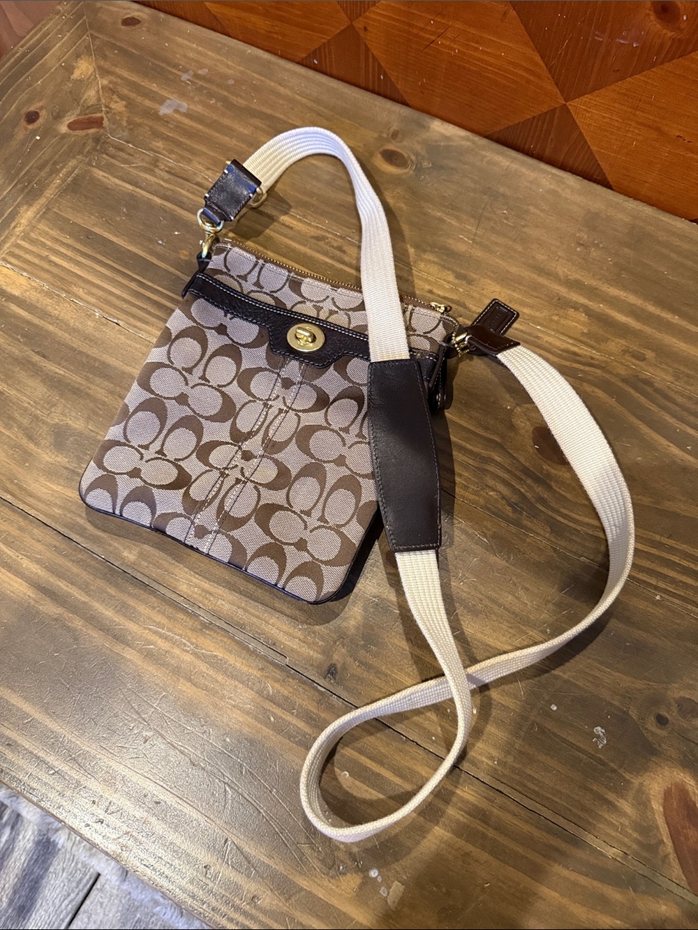 Coach Khaki and Brown Signature Crossbody Bag with Cream Strap